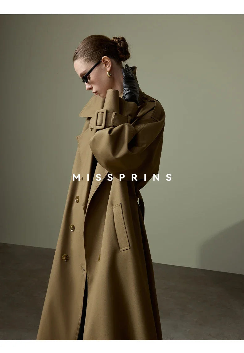 Lautaro Frühling Herbst Langer Khaki Trenchcoat für Damen Gürtel Zweireiher Schick Luxus Designer Europäische Mode Kleidung 2025