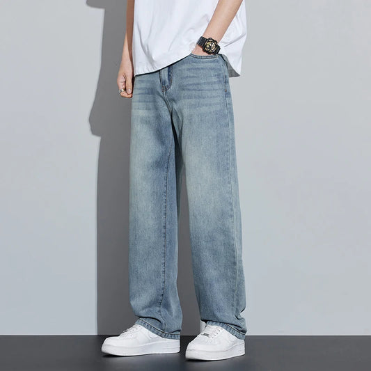 2025 Printemps/Été Nouveau Jean Ample en Lyocell pour Hommes Pantalon Droit Respirant et Fin d'Été Style Rétro Business Décontracté Tendance Coréenne M