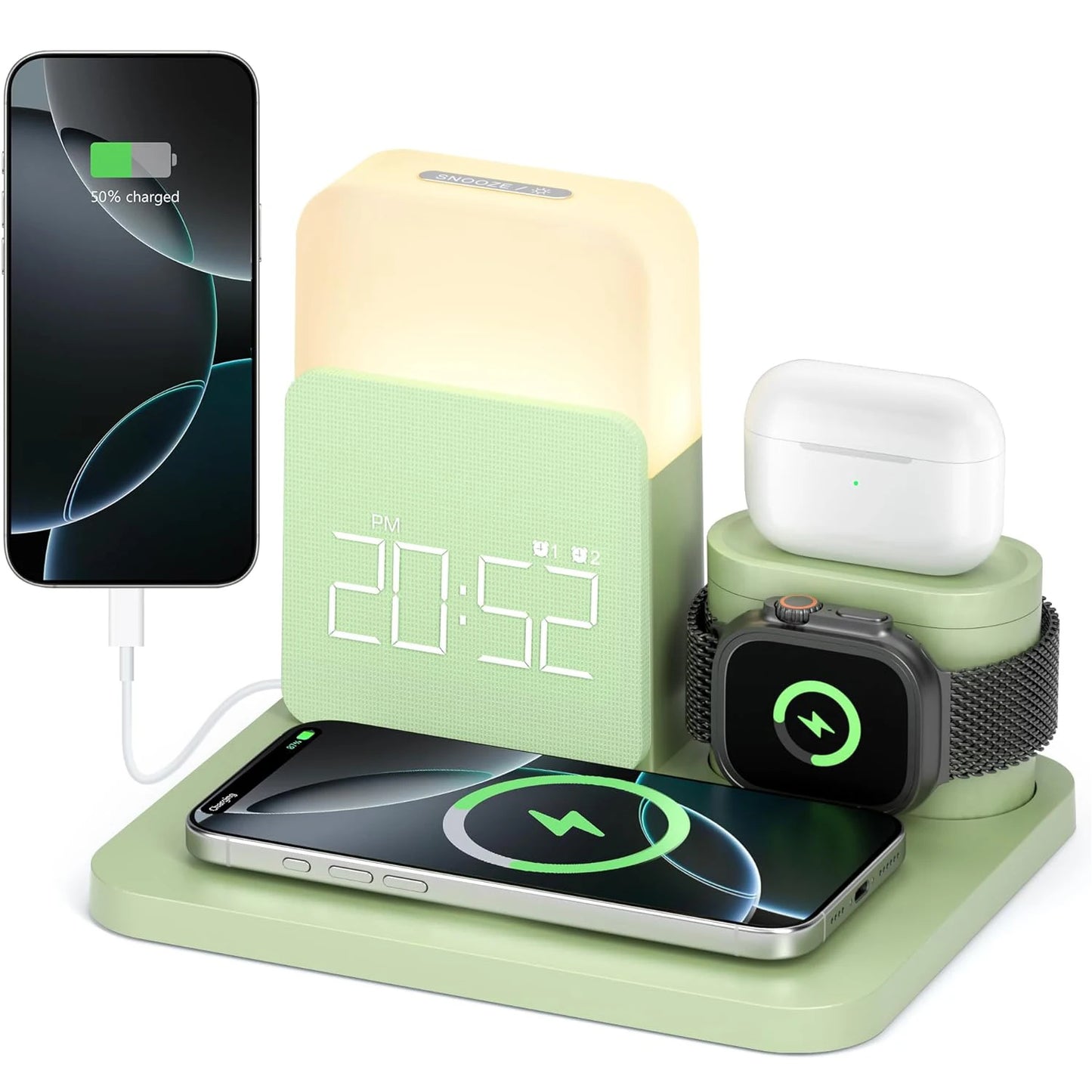 Chargeur réveil MagSafe 7-en-1 - Station sans fil pour iPhone 12-16/Samsung/Xiaomi/Huawei/Apple Watch/AirPods avec veilleuse