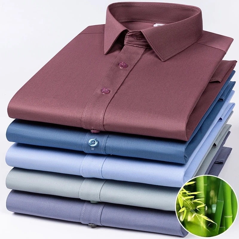 Chemise de Travail Blanche Homme en Fibre de Bambou Bleue 8XL Manches Longues Bureau Affaires Anti-rides Infroissable Décontractée