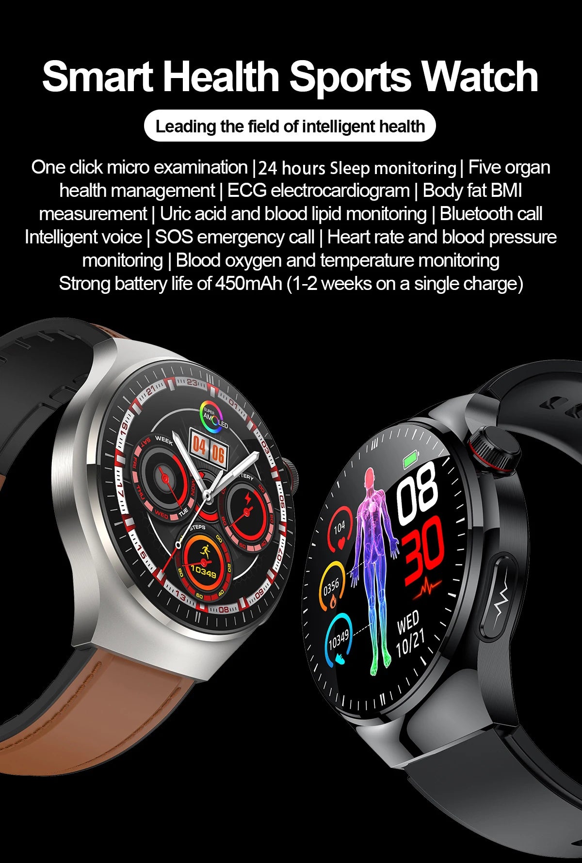 Montre Intelligente de Soins Infirmiers 2025 Montre connectée Santé, oxygène sanguin, lipides sanguins, acide urique, ECG+PPG, température corporelle, appel Bluetooth