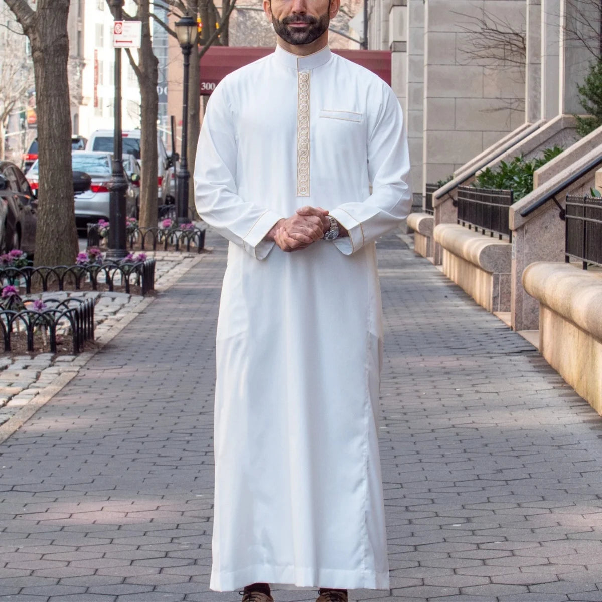 Thobe marocain pour hommes, manches longues, style ethnique brodé, col montant, fermeture éclair, abaya arabe tendance pour hommes musulmans