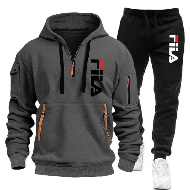 Herbst und Winter heiß begehrtes Herren-Kapuzensweatshirt + Freizeithose, zweiteiliges Outdoor-Set mit mehreren Taschen und Sporthose