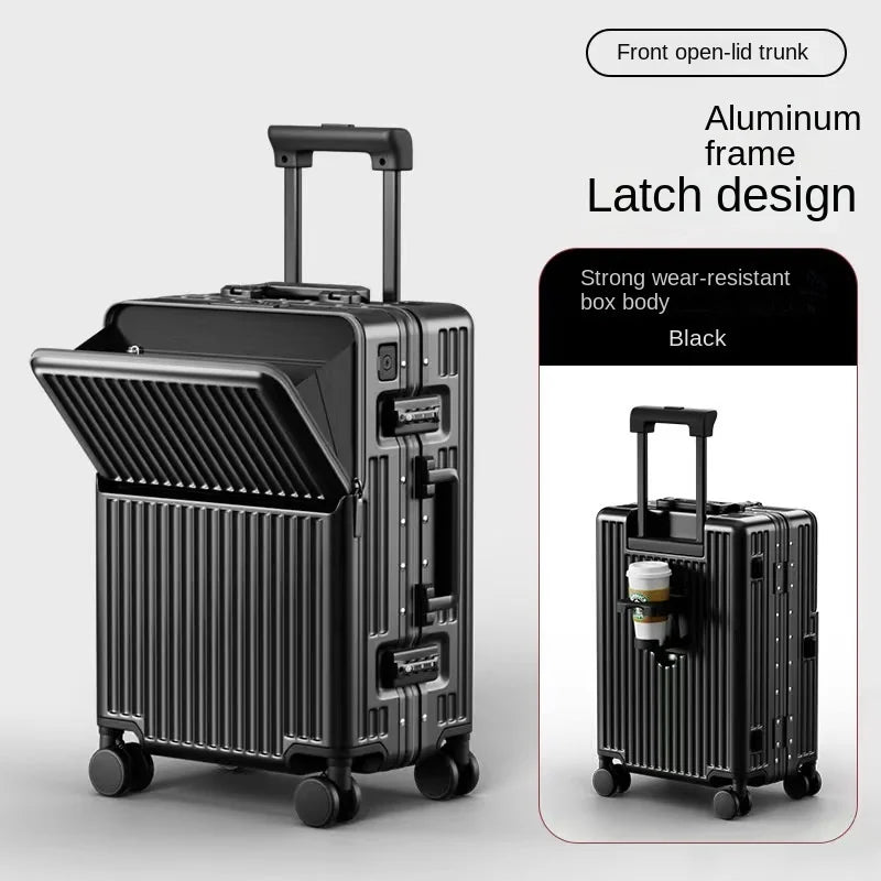 Neuer Koffer Aluminiumrahmen Frontöffnung Laptoptasche Multifunktionale Reisekoffer 20 Zoll Kabinengepäck Rollkoffer