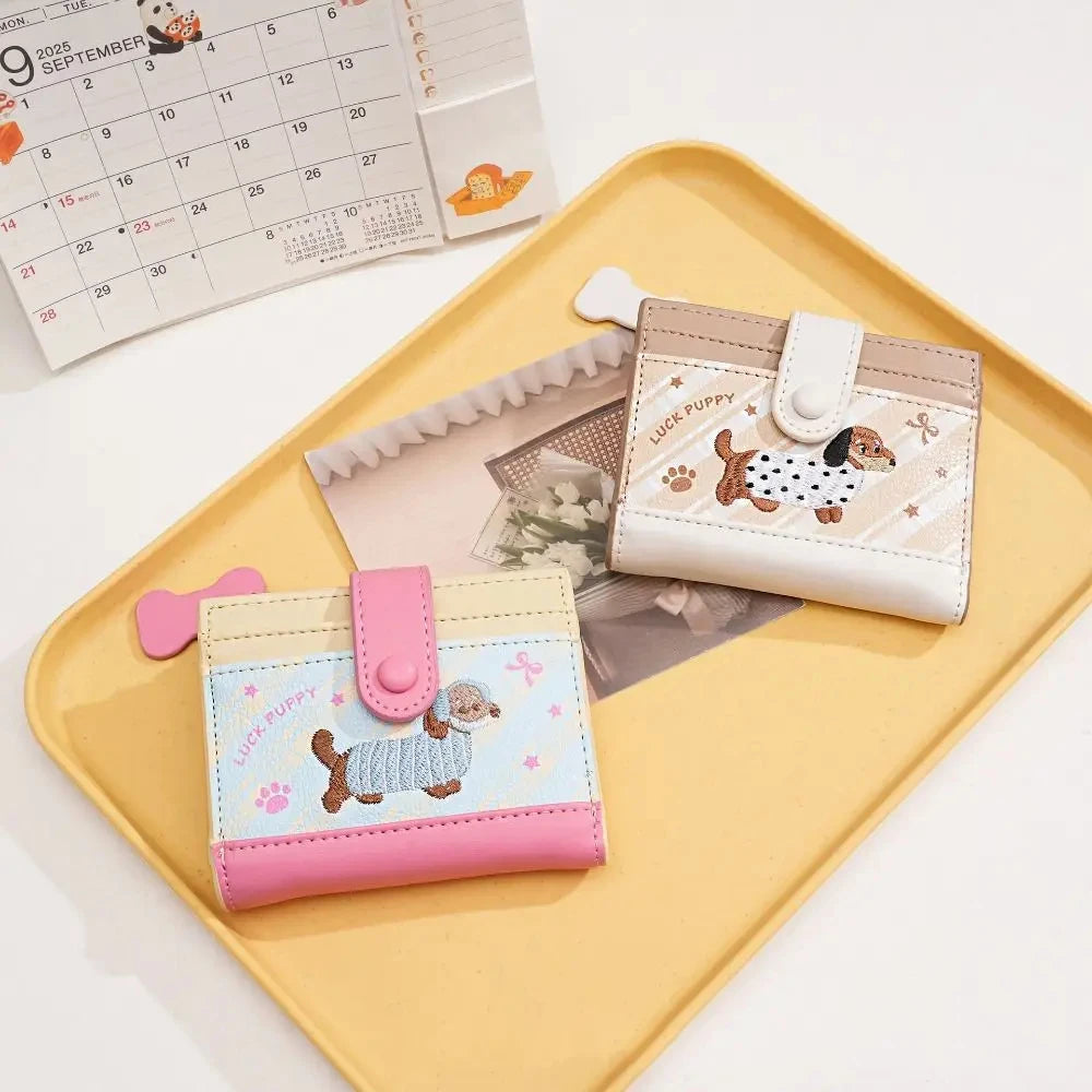 Lässiger koreanischer Stick-Stil Dackel Niedlicher kleiner Geldbeutel Cartoon-Kartenhalter mit mehreren Fächern kurze Clutch Münztasche
