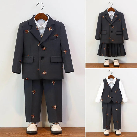 Autumn Winter Children Formal Suit For Boy Butterfly Embroidery College Kids Boys Suit Children Girl Hosting Performance Dresses
