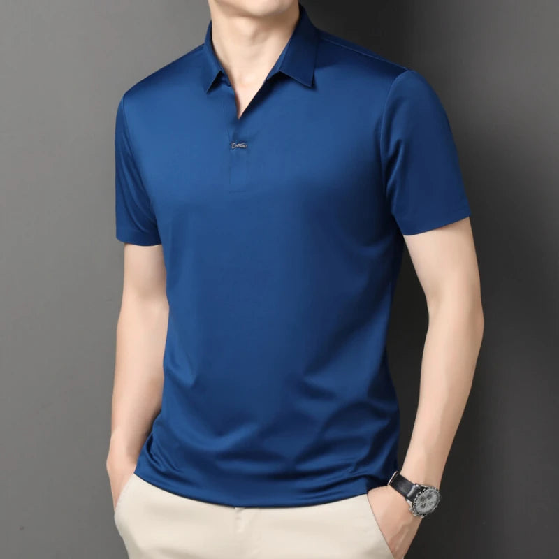 Polo 2024 de haute qualité, extensible et élastique, Chemise à manches courtes pour hommes, style décontracté, Col en V sans coutures, Polo pour hommes M-4XL
