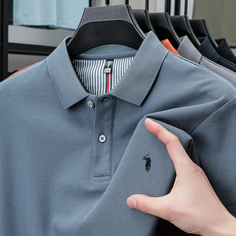 T-shirt polo d'affaires d'été décontracté ample brodé de marque de luxe haut de gamme en coton pur à 100 % pour homme à manches courtes respirant