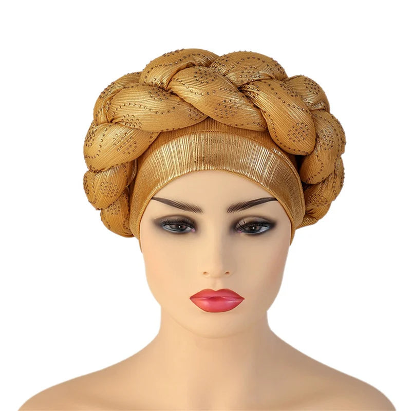 Bandeau africain tressé à diamants faits à la main Turban Femme Voiles de tête Pré-noués Foulard Bonnet Chapeau de mariage nigérian