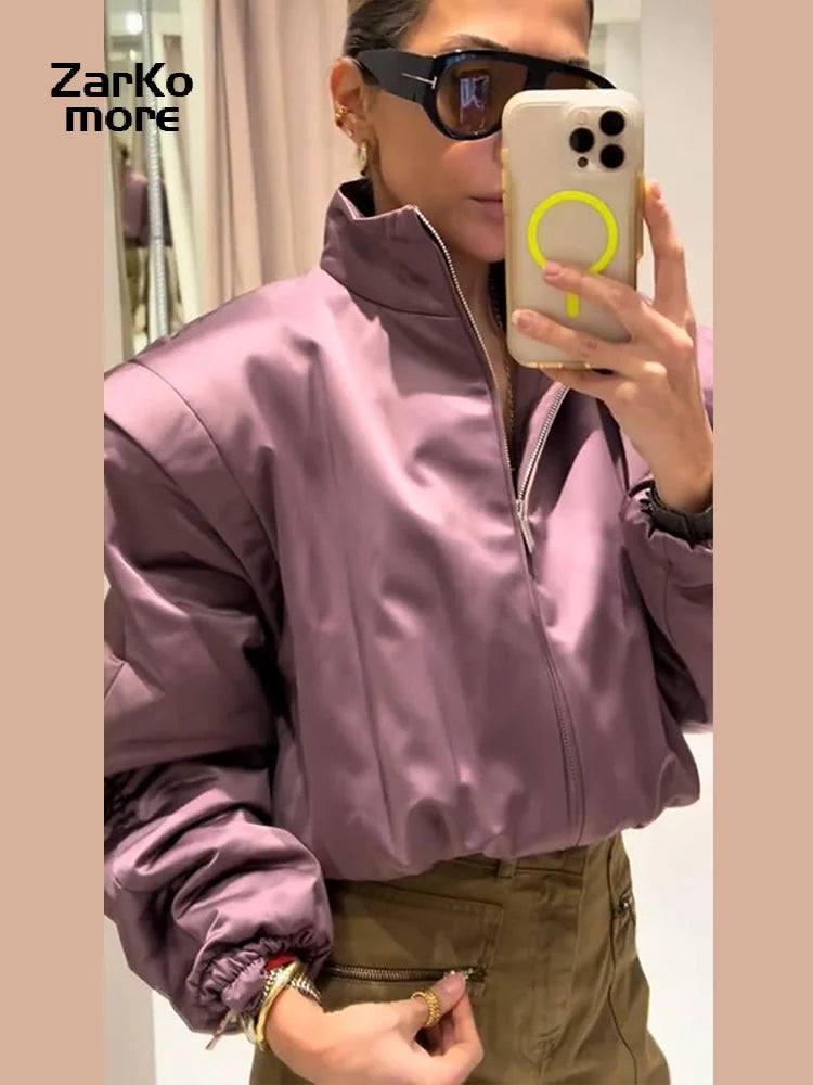 Fashion Y2K Satin Bomberjacke Damen Malve Puffärmel Cropped Reißverschluss Freizeit Jacke 2026 Frühling Lady Chic Street Mäntel Neu
