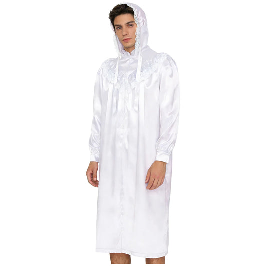 Herren Rüschen- und Spitzentrimm-Pyjama, Sissy-Viktorianisches Nachthemd mit Hut-Set, langärmeliges Satin-Nachtkleid mit Frontreißverschluss