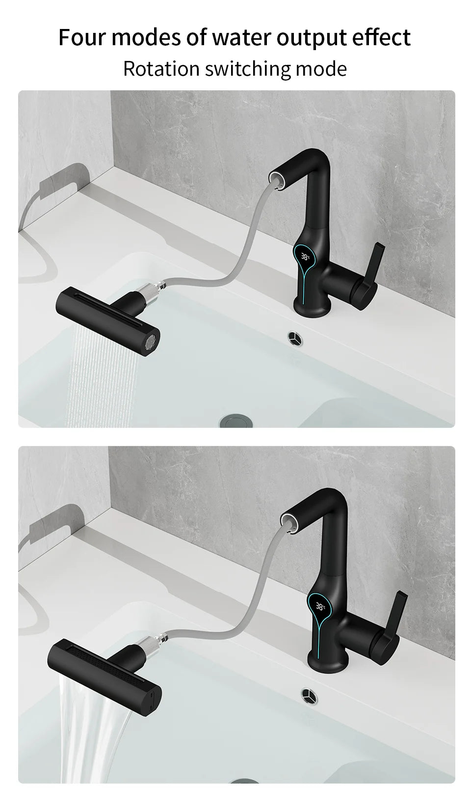 Robinet de lavabo numérique avec affichage de la température Cascade, pulvérisateur à jet relevable haut et bas, mélangeur chaud/froid pour salle de bain