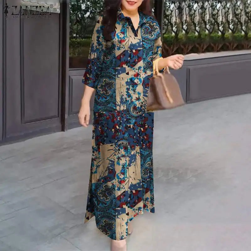 ZANZEA Robe longue à manches 3/4 pour femme, collection automne 2024, robe-chemise en coton avec col à revers, imprimé floral vintage, robe longue, nouveauté