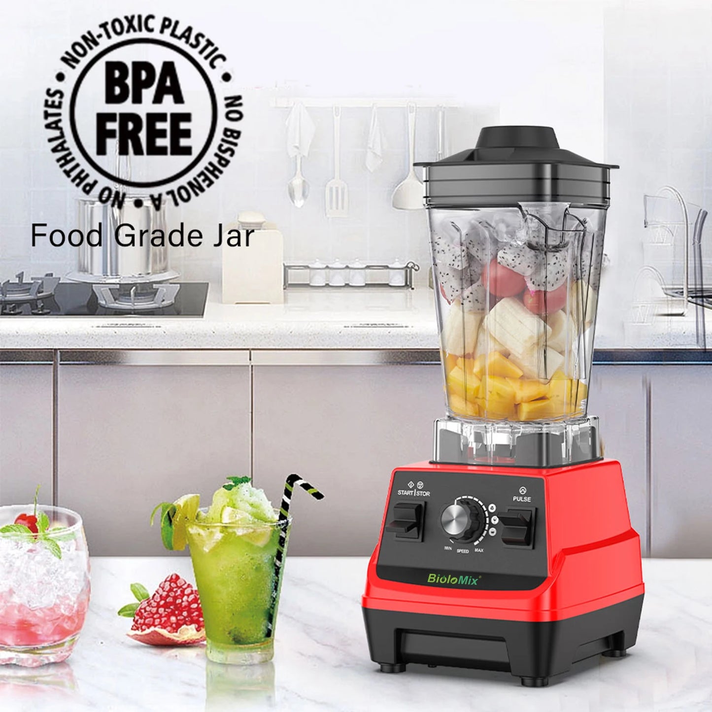 BioloMix Mini Pro 1800W Hochleistungs-Smoothie-Mixer BPA-frei 1,8L und 0,6L Doppelbehälter Hochleistungs-Küchenmixer Entsafter