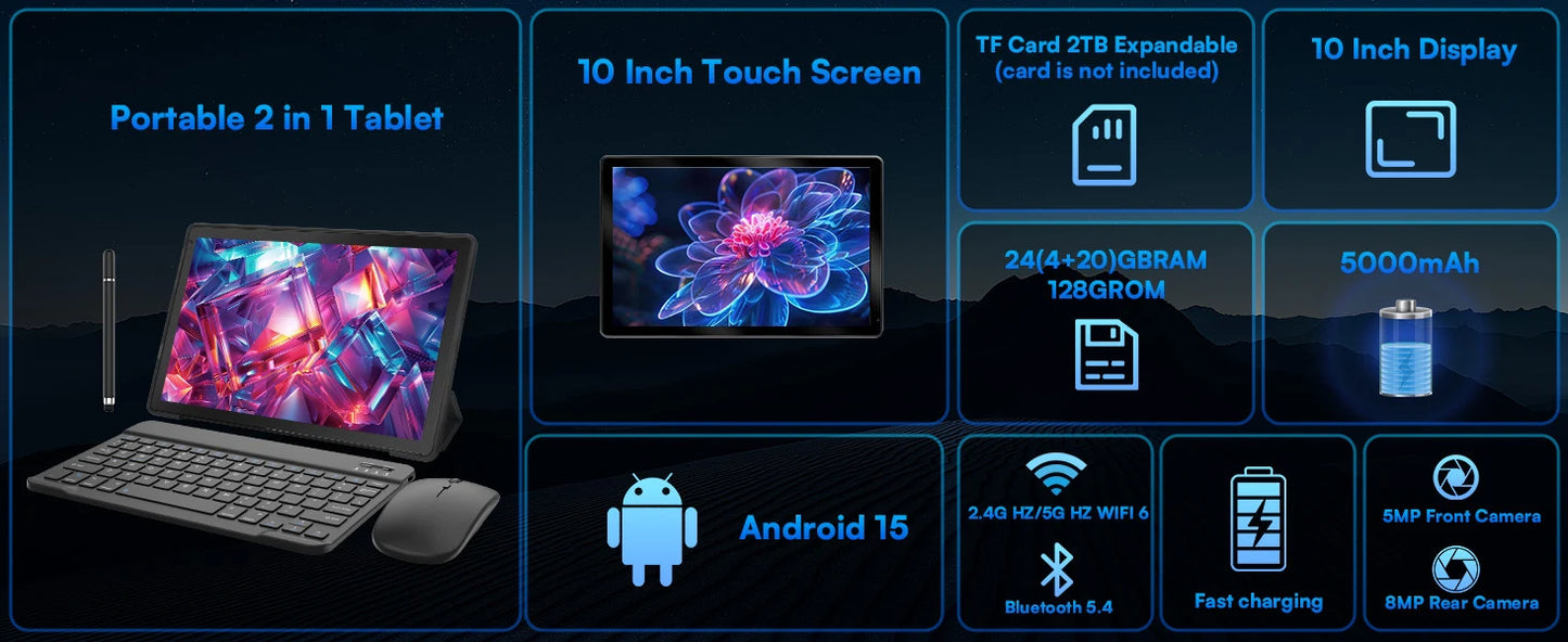 URAO 10 Inch Tablet Android 15 8-Core Tablets 24GB+128GB 1TB Expansion WiFi 6 5MP+8MP Stylus Keyboard Mouse Headphone PC PAD Set