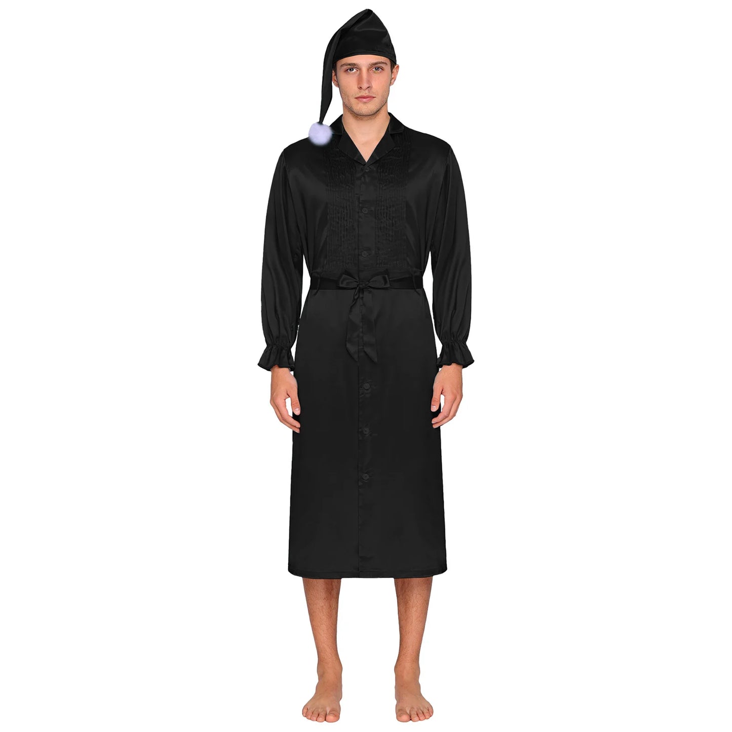 Herren Sissy Pyjama Satin-Nachtwäsche Nachthemd mit Schlafhaube Langarm Rüschenmanschetten Plissierter Brustumhang mit Gürtel Vintage