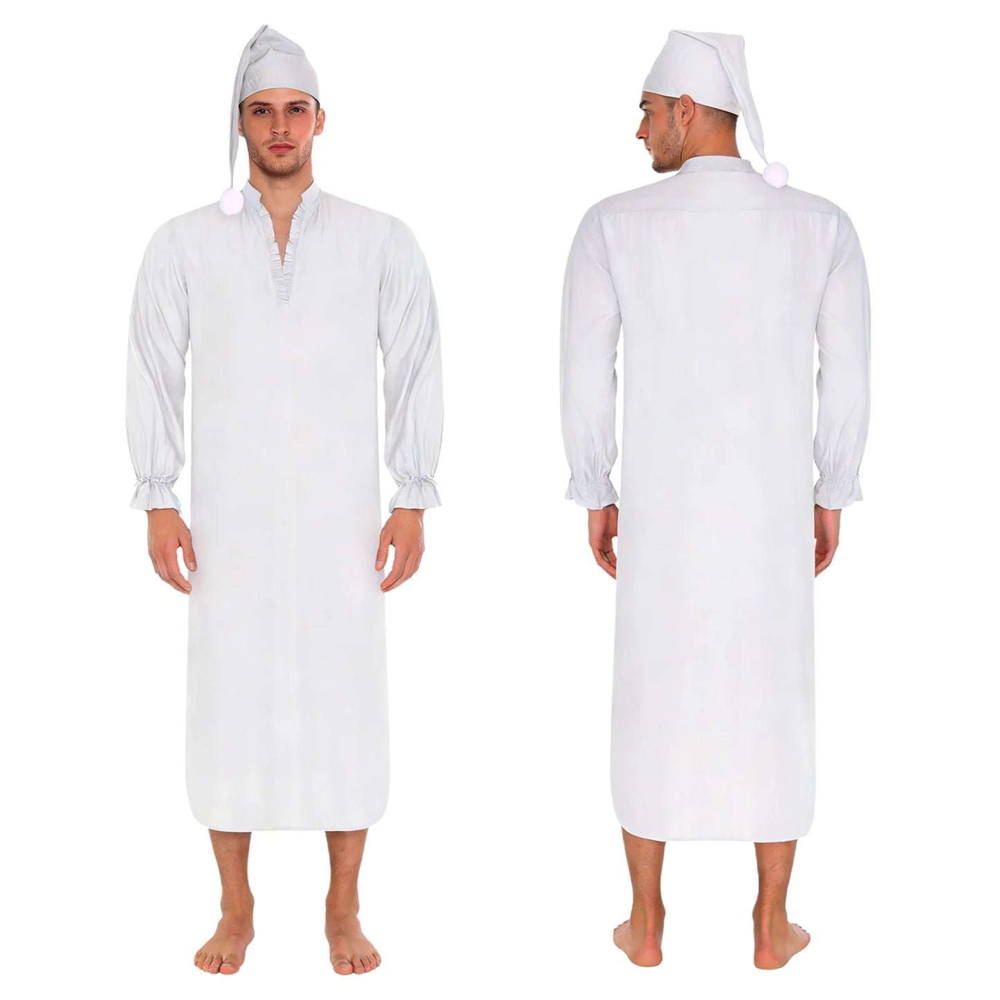 Herren Vintage Nachthemd Schlafanzug mit Schlafmütze V-Ausschnitt Rüschenbesatz Langarm mit Kordelzugbündchen Lockeres Schlafkleid