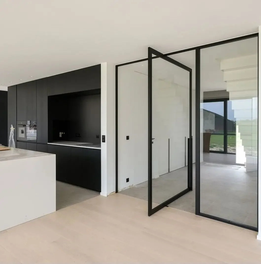 Portes d'entrée modernes pour maison, portes d'entrée en verre trempé de sécurité, porte pivotante en verre et aluminium pour villas, ouverture manuelle intérieure