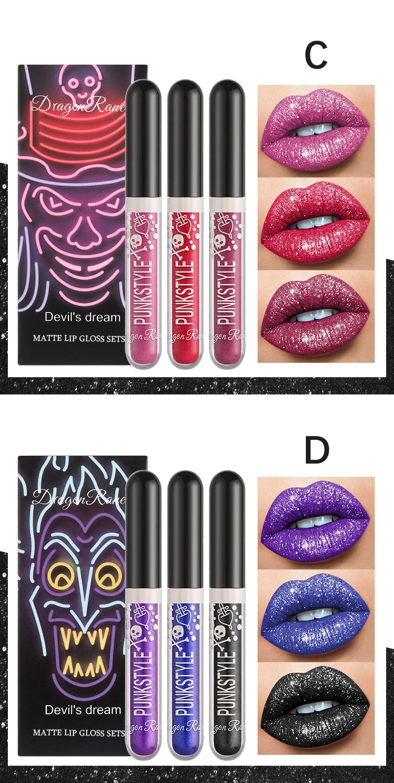 Lot de trois brillants à lèvres, rouge à lèvres nacré non-adhésif, ensemble de brillants à lèvres violets et noirs scintillants