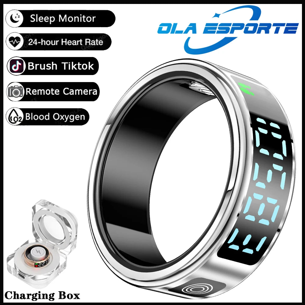 New LED Display Screen Smart Ring 5ATM Waterproof Heart Rate Sleep Multi Function Fitness Sports Rings Pedometer Men's women's