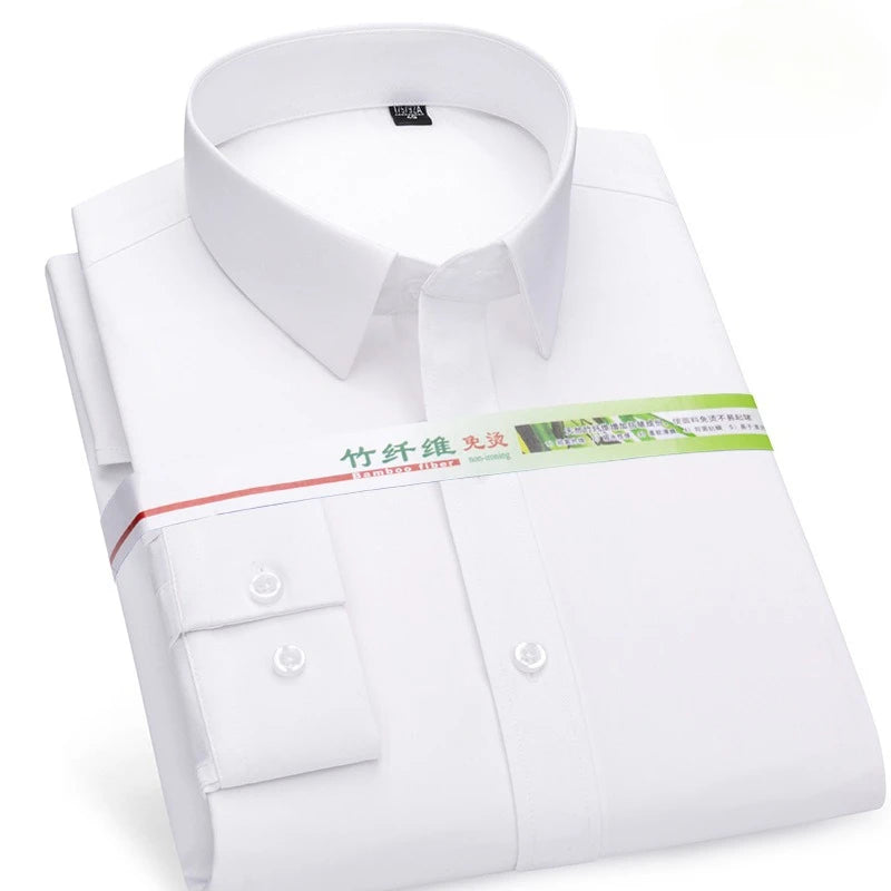 Chemise de Travail Blanche Homme en Fibre de Bambou Bleue 8XL Manches Longues Bureau Affaires Anti-rides Infroissable Décontractée