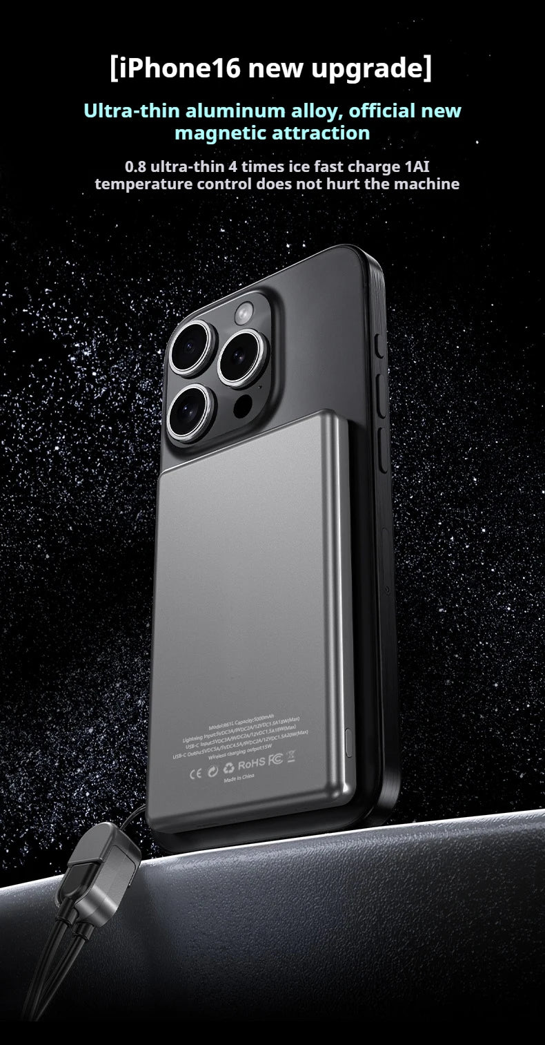 Ultra-Thin 5000mAh Portable Power Bank 20W Fast Charging Wired & Wireless Alloy Shell for iPhone