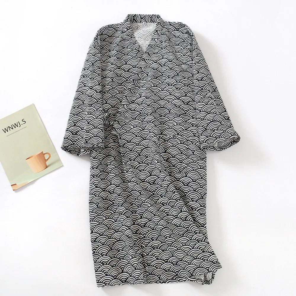 Bath Robe V-Neck Men's Kimono Bathrobe Long Sleeve Loose Kimono Pajamas Casual Thin Japanese-Style Yukata Summer