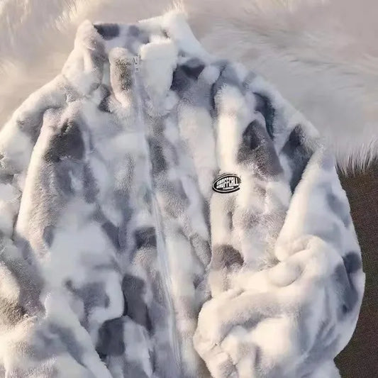 Neue Damen Batik Lammfelljacke Herbst Winter Reißverschluss Oberbekleidung Warme Plüschjacken Harajuku Lässige Lose Weibliche Dicke Jacke