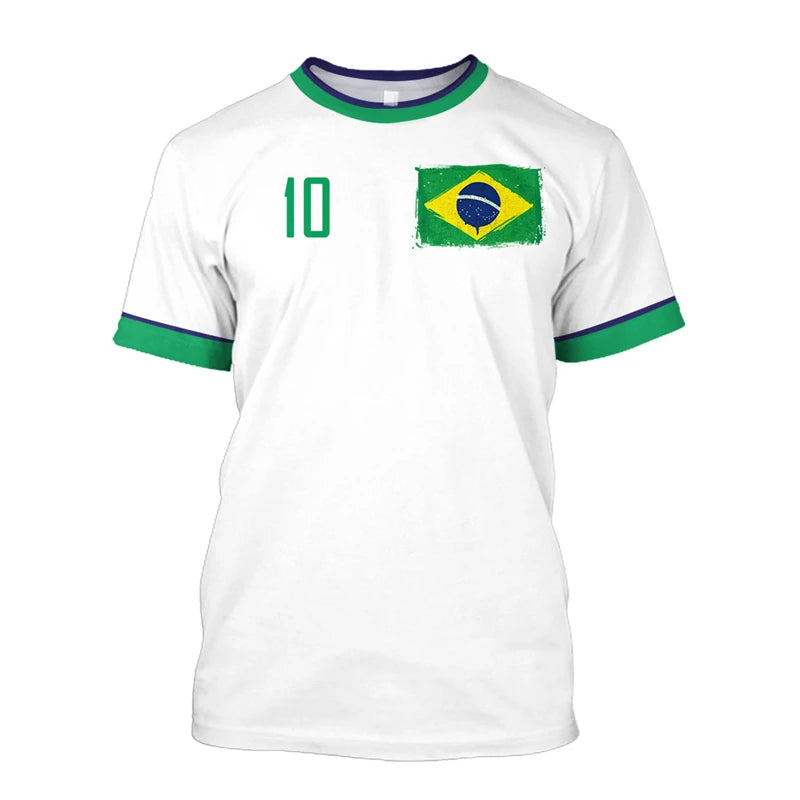 T-shirts de football Brésil Simples Mode d'été Manches courtes T-shirts imprimés drapeau brésilien 3D Hauts de sport décontractés Vêtements pour hommes