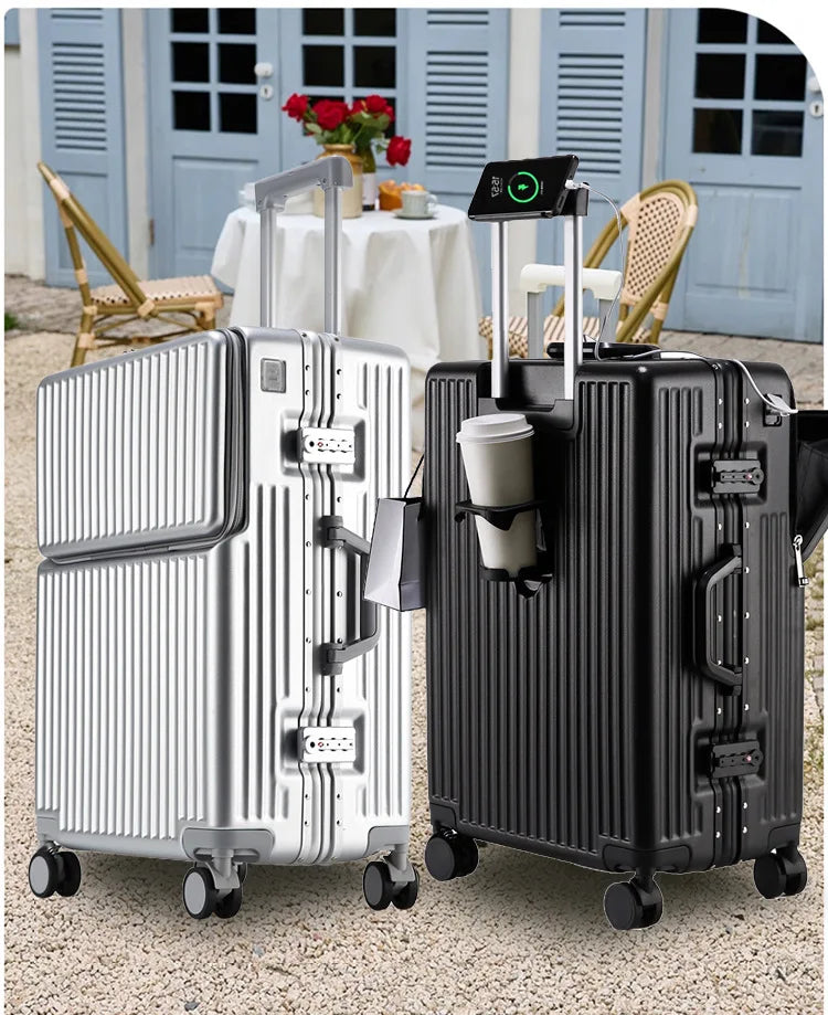 Neuer Koffer Aluminiumrahmen Frontöffnung Laptoptasche Multifunktionale Reisekoffer 20 Zoll Kabinengepäck Rollkoffer