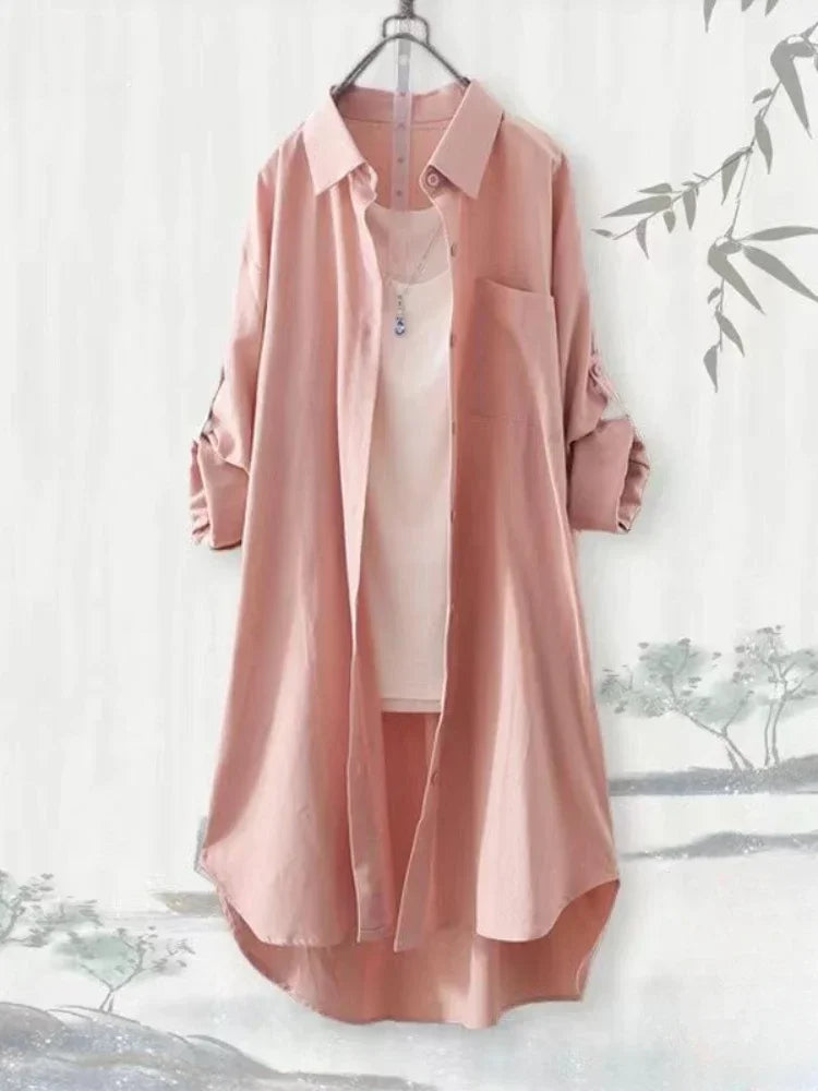 Chemisier ample grande taille respirant Chemise mi-longue coréenne décontractée Chemises d'automne Femme Chemises unies simples à manches longues
