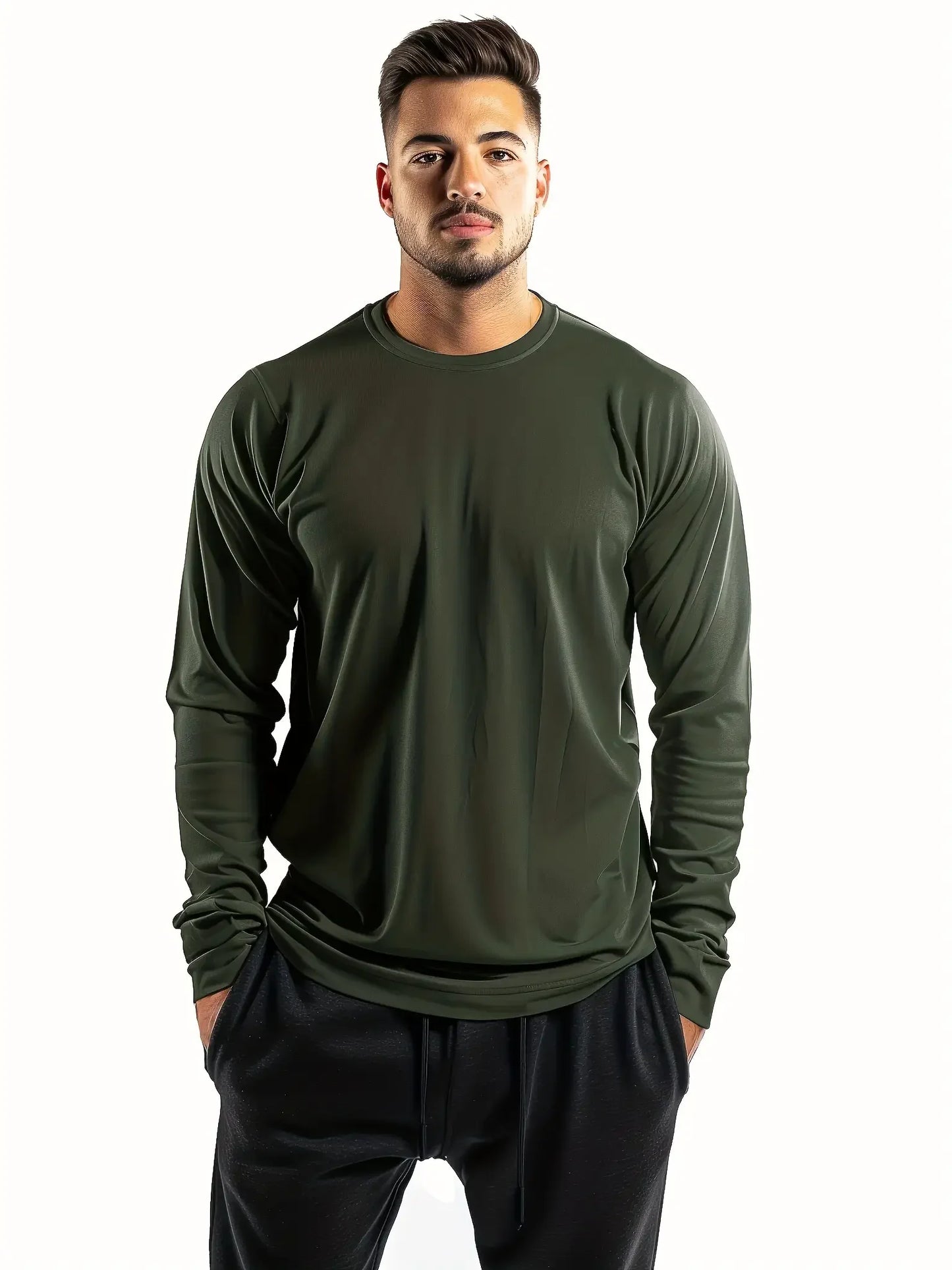 T-shirt à manches longues et col rond pour homme, couleur unie, lot de 5, design polyvalent, confortable et tendance
