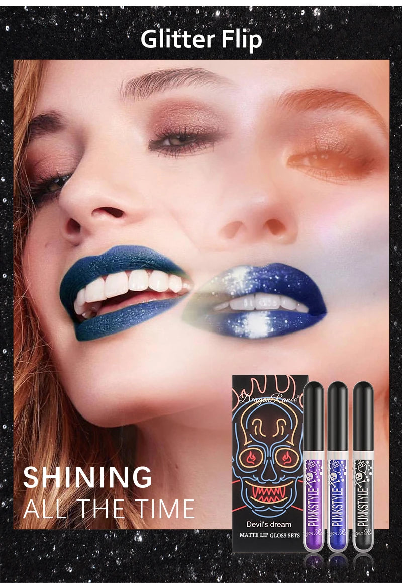 Lip Gloss in a Box of Three, Pearlescent Lipstick in a Non-Stick Cup, Shiny Purple and Black Lip Gloss Set