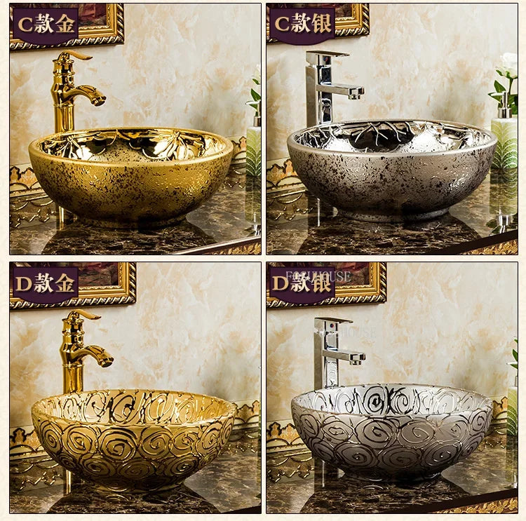 A17 Luxus Gold Badezimmer Waschbecken Haushalt Keramik Waschbecken Kreative Toilette Rund Aufsatzwaschbecken Einfaches Badezimmer Zubehö
