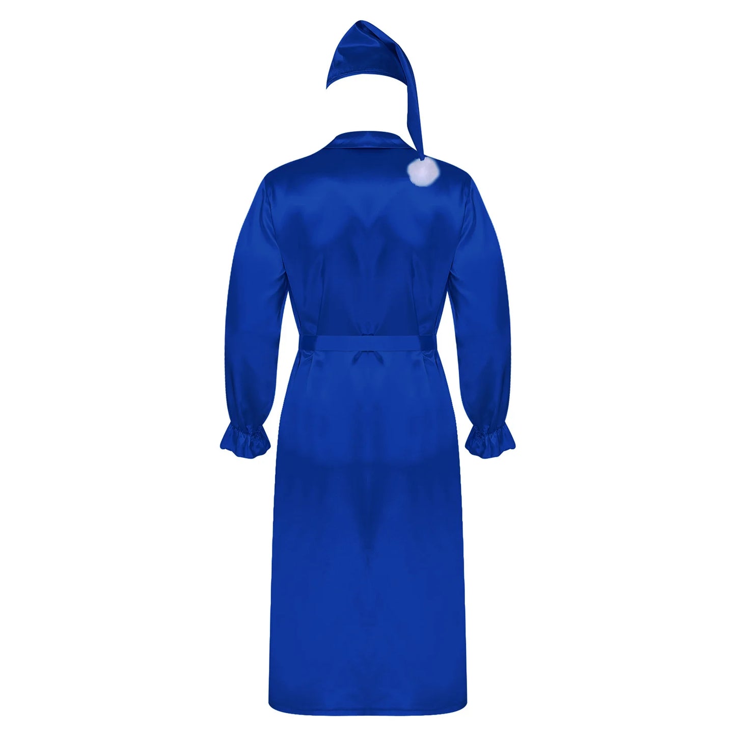 Herren Sissy Pyjama Satin-Nachtwäsche Nachthemd mit Schlafhaube Langarm Rüschenmanschetten Plissierter Brustumhang mit Gürtel Vintage
