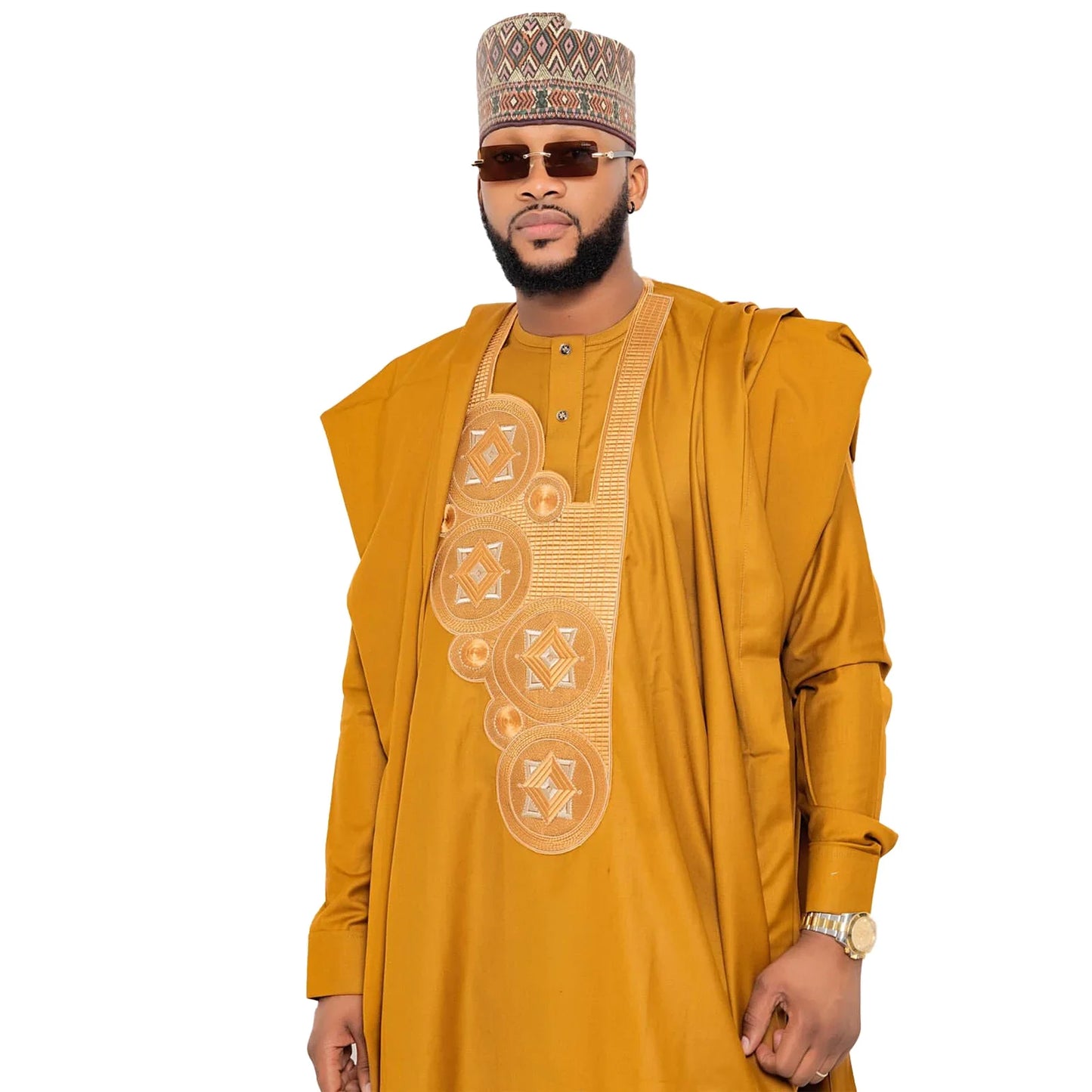 Vêtements Africains Homme Traditionnel Bazin Riche Broderie Haut Manches Longues Ensemble 3 Pièces