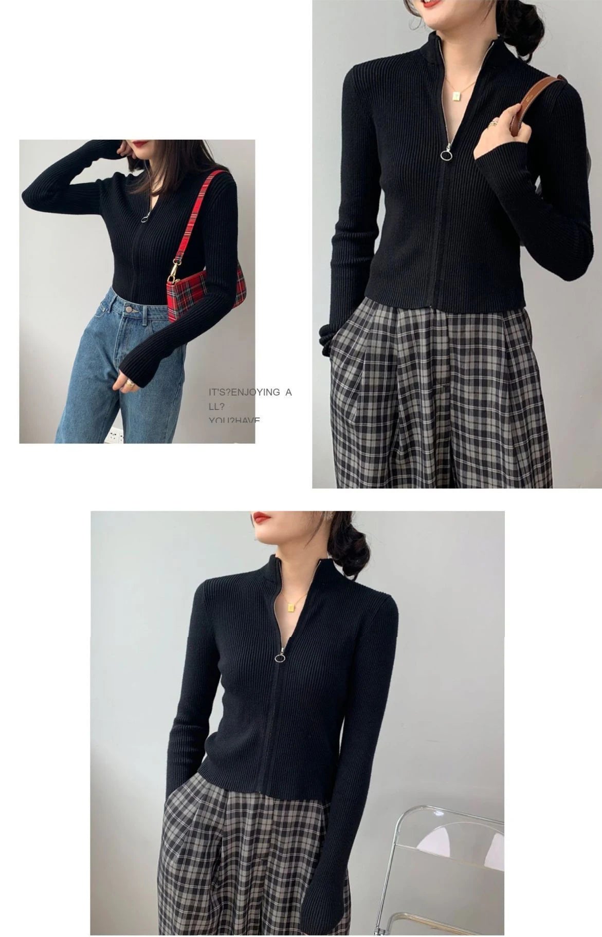 Frühling Herbst Reißverschluss Cardigan Damen Pullover Gestrickt Langarm Stehkragen Oberteile Koreanische Mode Kurzer Pullover für Damen
