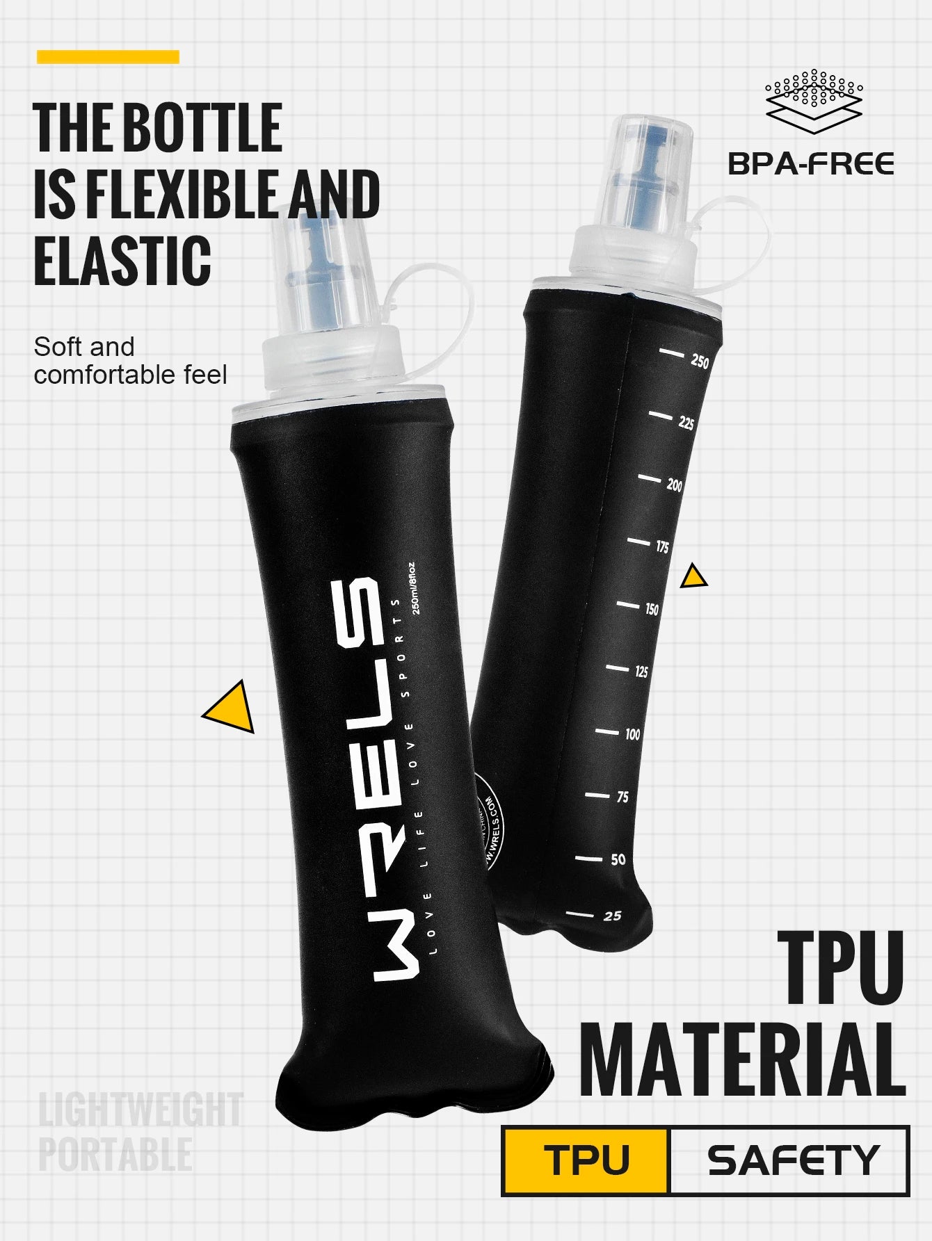 WRELS Trinkflasche TPU Faltbare Soft Flask Outdoor Sport Wasserbeutel Faltbare Trinkflasche 500ml für Laufen Camping BPA-frei