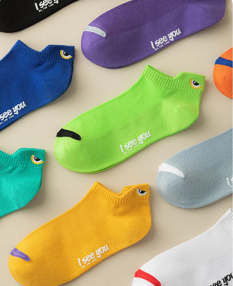 10 Pairs Fashion Mesh Summer Cute Cartoon Eyes Embroidered Sweat Absorbent Breathable Men Low Cut Ankle Knitted Boat Socks
