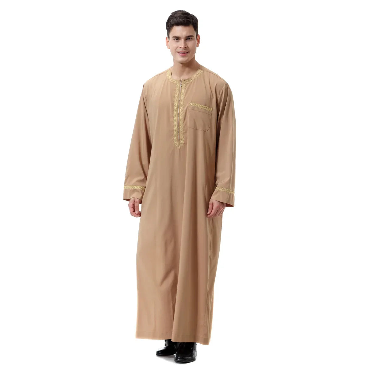 Jubba Thobe Homme Musulman Imprimé Fermeture Éclair Kimono Longue Robe Saoudienne Islamique Musulman Vêtements Abaya Caftan Islam Dubaï Robe Arabe