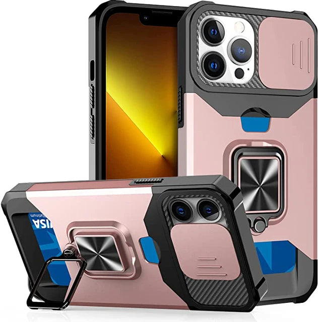 Hülle für iPhone 17 16 15 14 13 12 Pro Max Plus 8 7 Plus Mini Robuster Schutz mit Schiebe-Kameraabdeckung und Kartenclip-Abdeckung