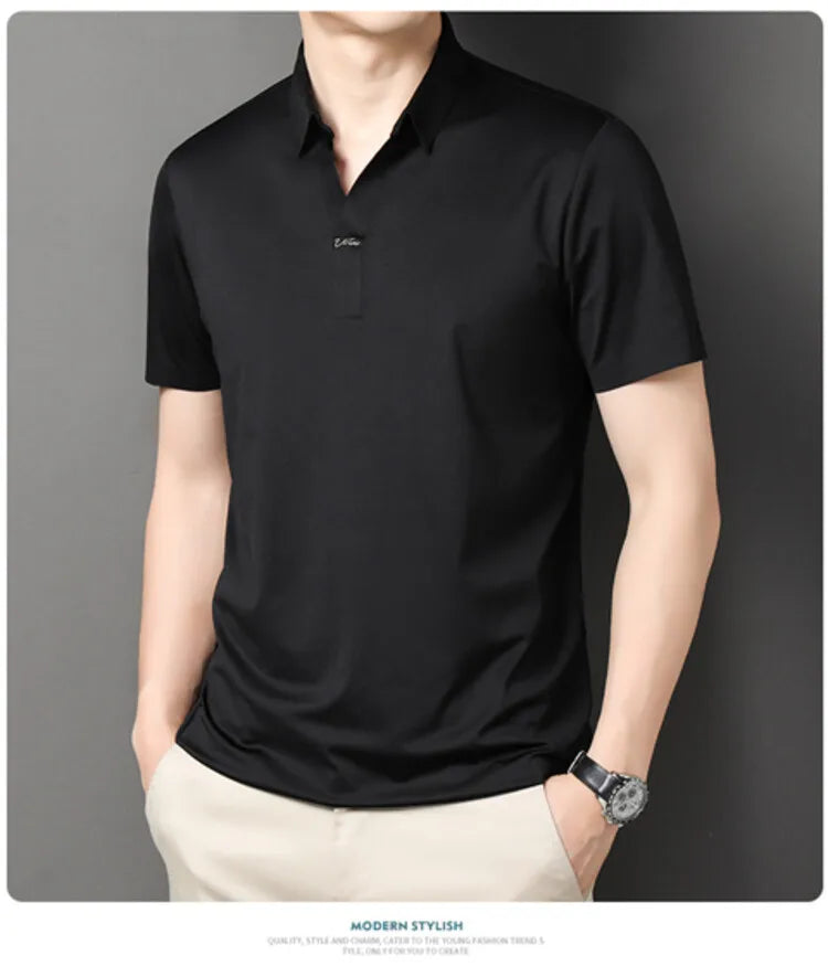 Polo 2024 de haute qualité, extensible et élastique, Chemise à manches courtes pour hommes, style décontracté, Col en V sans coutures, Polo pour hommes M-4XL