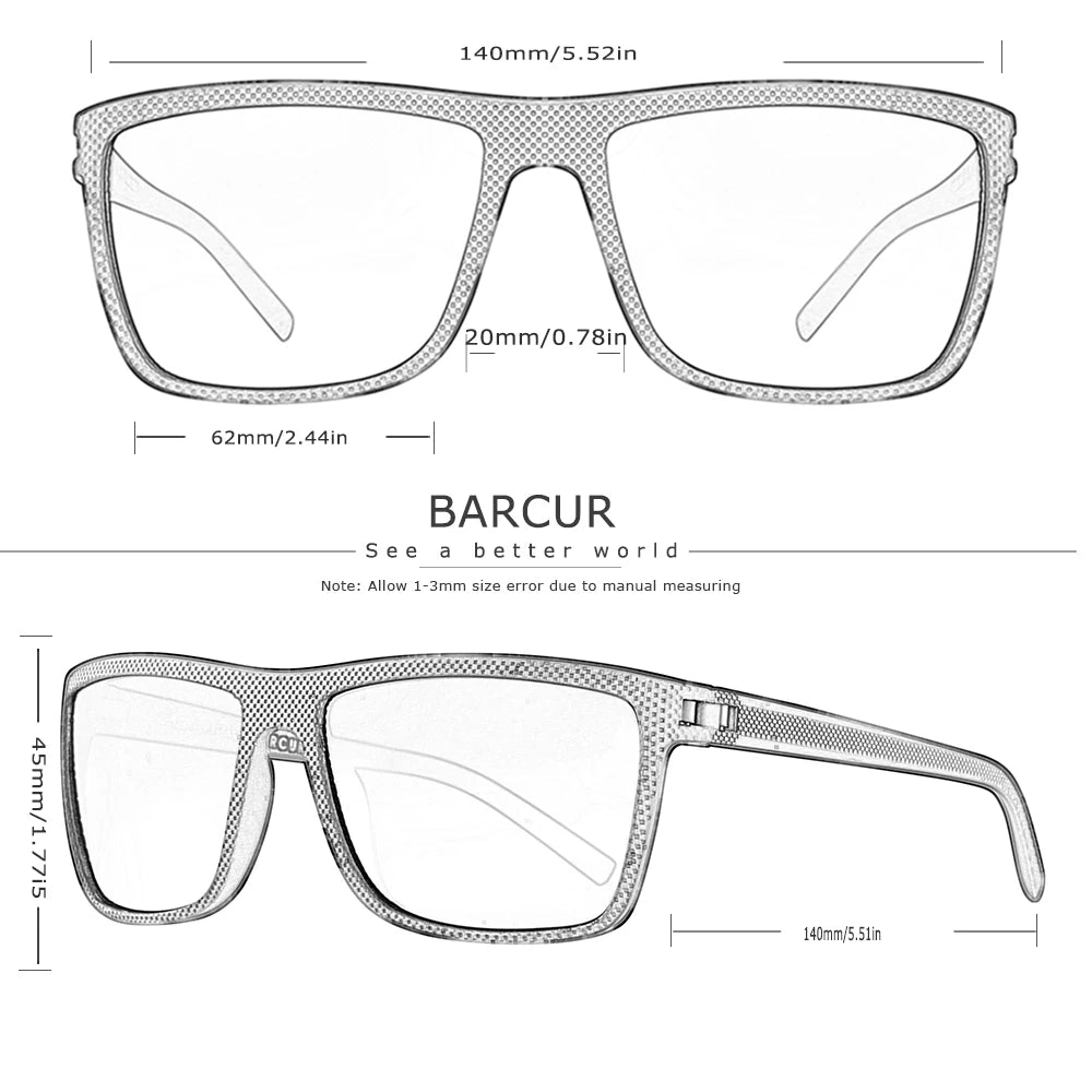BARCUR Markenklassische Herren-Sonnenbrille, bequemer, robuster PC-Rechteckrahmen, TAC-Gläser, vielseitig, für jedes Alter, polarisiert