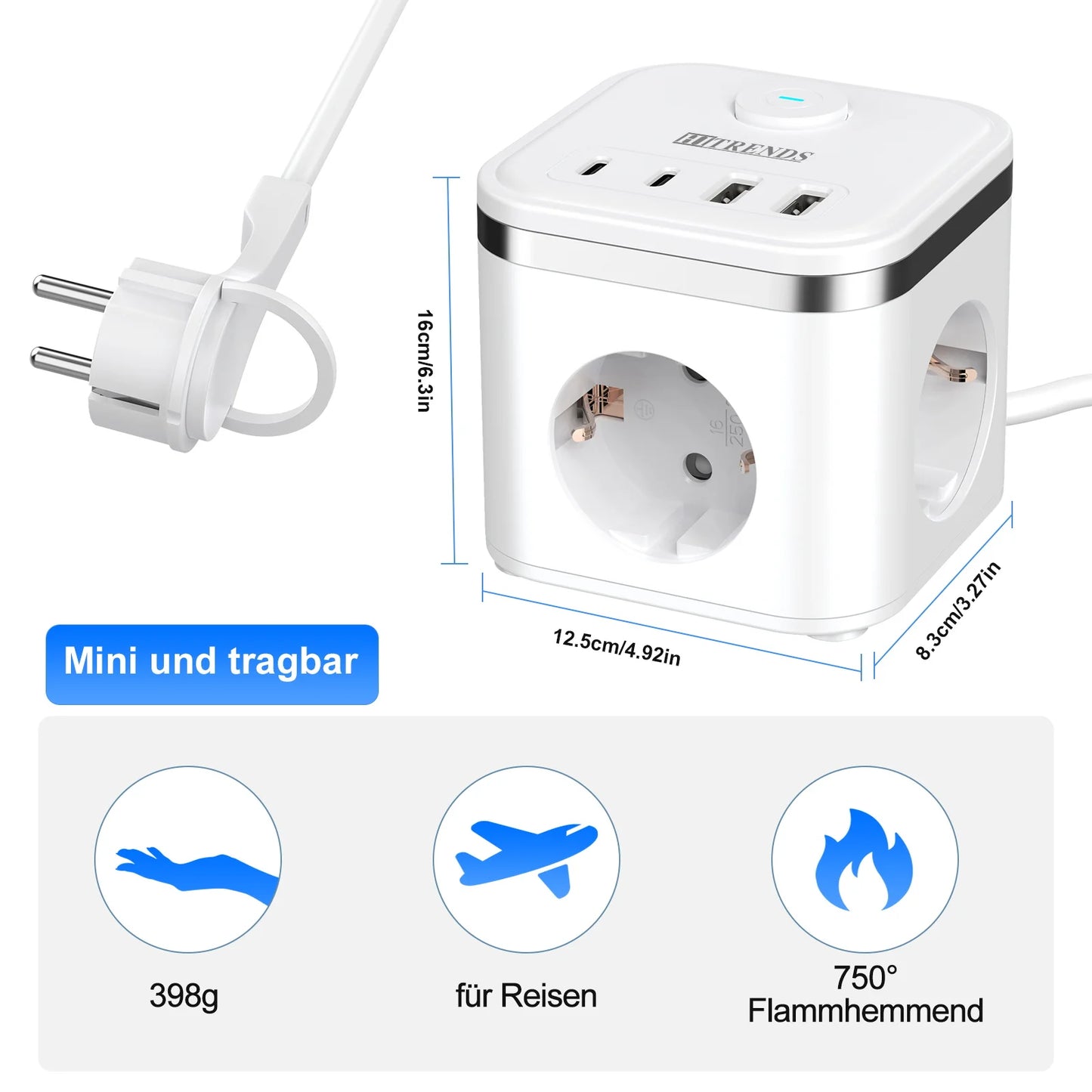 7-in-1 EU Multi-function Power board Ultra-thin flat plug with 3 AC power outlets 2 USB-C and 2 USB-A 2-meter extension cords