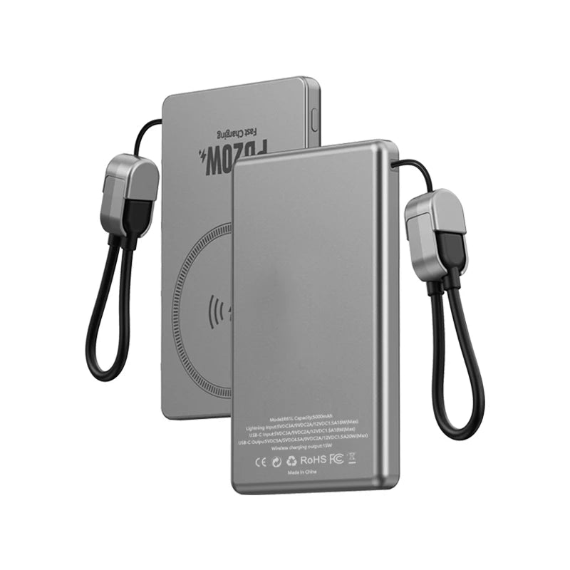Ultra-Thin 5000mAh Portable Power Bank 20W Fast Charging Wired & Wireless Alloy Shell for iPhone