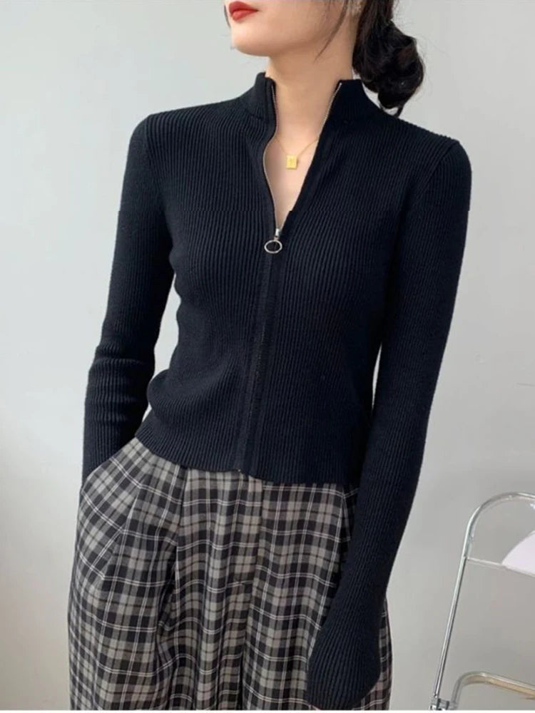 Frühling Herbst Reißverschluss Cardigan Damen Pullover Gestrickt Langarm Stehkragen Oberteile Koreanische Mode Kurzer Pullover für Damen
