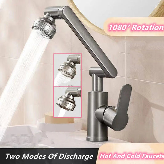 Robinet de lavabo de salle de bain Robinet de bassin Pivotant à 1080° Multifonction Eau froide et chaude Robinet d'évier de cuisine 2 modes
