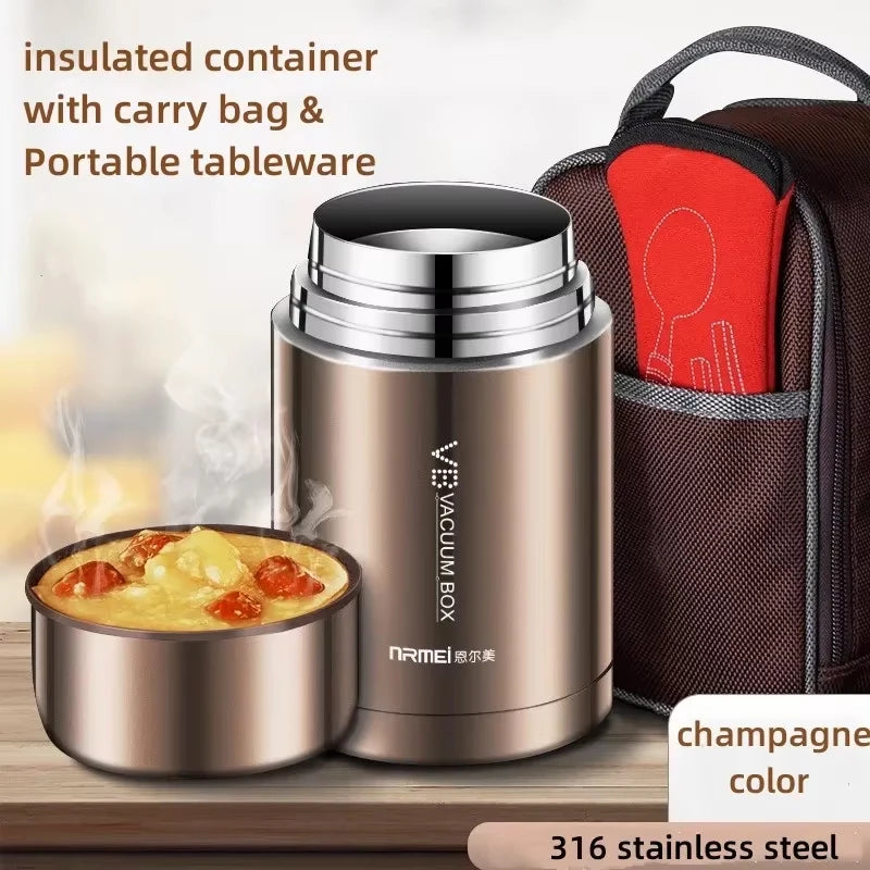 Thermos alimentaire 600/800/1000 ml, pot alimentaire isotherme sous vide en acier inoxydable 316 avec cuillère, boîte à lunch pour enfant avec sac de transport isotherme