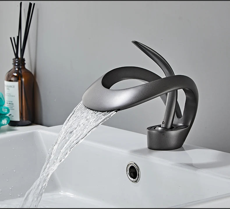 Robinet de lavabo doré/blanc, robinet de salle de bain noir, mitigeur de lavabo créatif en laiton gris, robinet de lavabo cascade chaud et froid