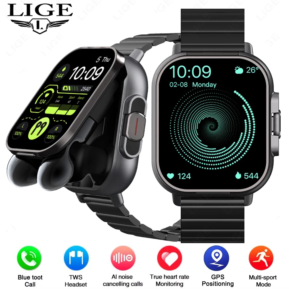 Montre connectée TWS 2 en 1 avec écouteurs, montre de sport, oreillette Bluetooth, montre d'appel, moniteur de santé pour hommes, NFC, montre intelligente pour femmes, écouteurs